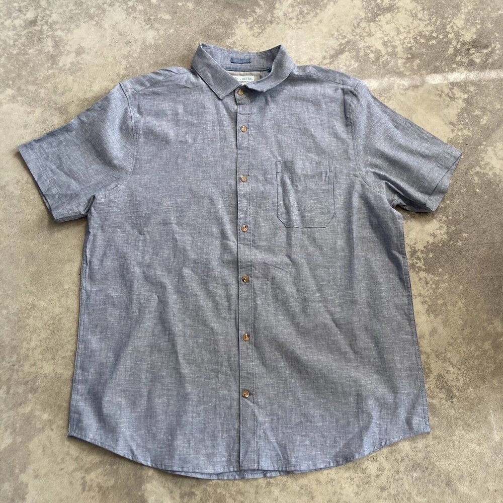 Tenth + Ocean Washable Linen Blue Button up Shirt Mens Size Large‎ Short Sleeve